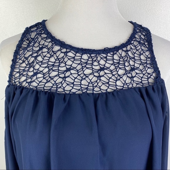 Bailey Blue Cold Shoulder Crochet Trim Sheer Mini Dress Women's Medium Navy NEW - Picture 3 of 8